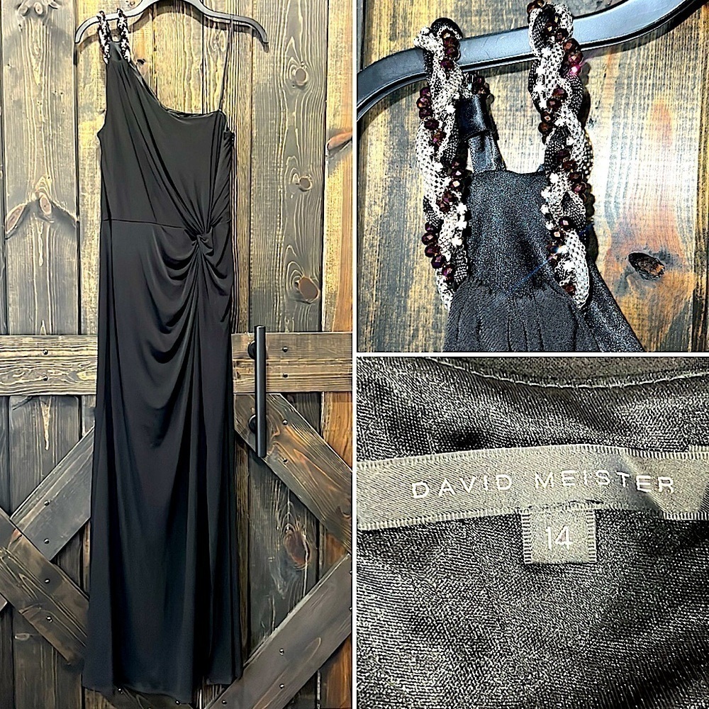 David Meister Dress 14‎ Black Beaded Straps One Shoulder Sheath Gown Slit Formal